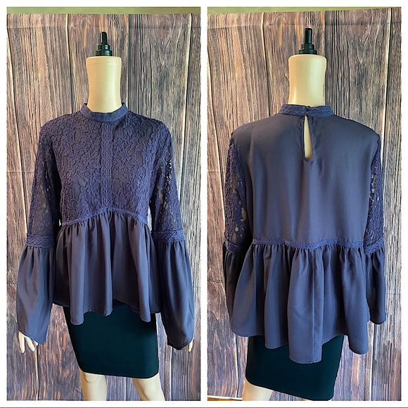 Sun & Shadow size large indigo navy blue floral lace boho flowy peasant top - Picture 1 of 16